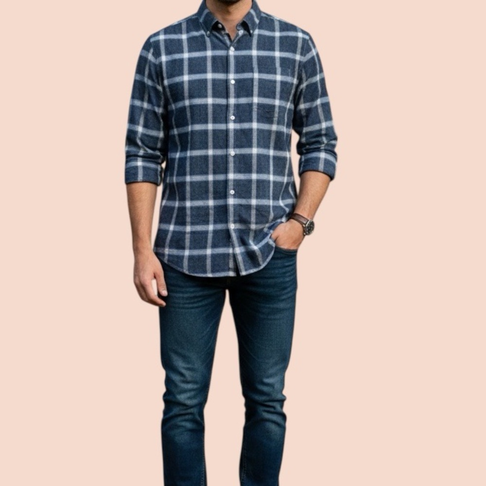 Lucky Brand Navy and White Plaid Button Shirt Mens Sz L‎